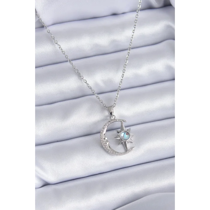 316L Çelik Gümüş Renk Zirkon Taşlı Ay Yıldız Model Kadın Kolye