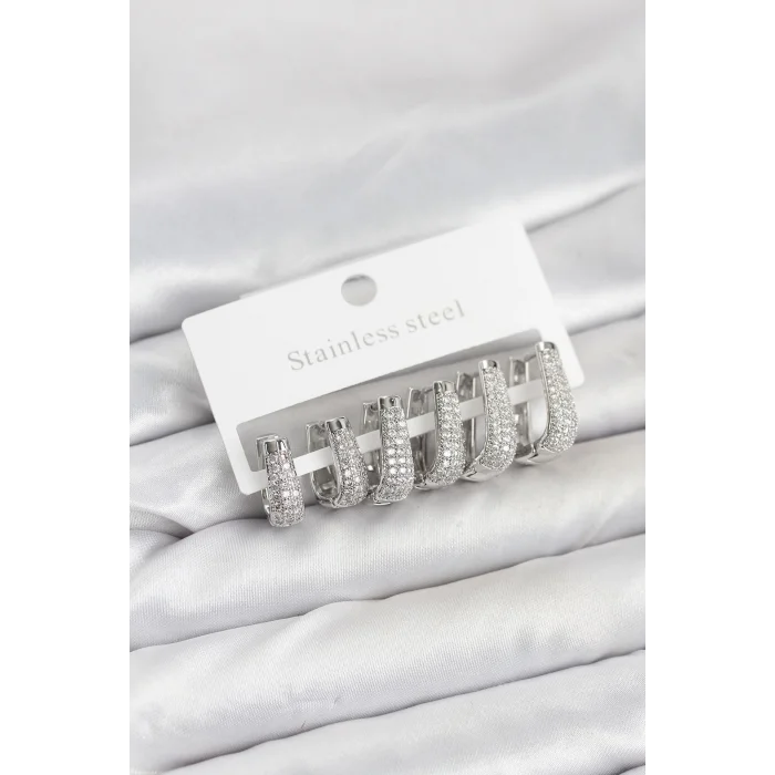316L Çelik Gümüş Renk Zirkon Taşlı Damla Halka Küpe Seti