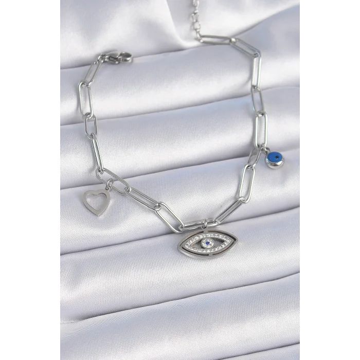 316L Çelik Gümüş Renk Zirkon Taşlı Göz Figür Kalp Detay Kadın Bileklik