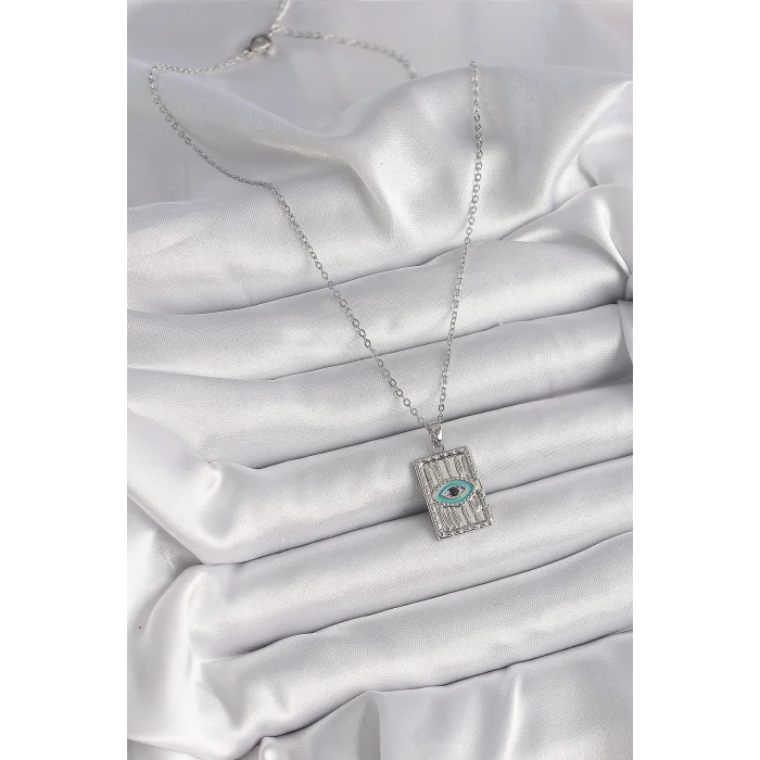 316L Çelik Gümüş Renk Zirkon Taşlı Göz İşleme Detaylı Plaka Model Kadın Kolye