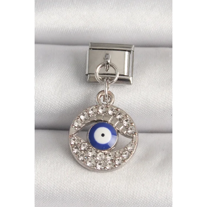 316L Çelik Gümüş Renk Zirkon Taşlı Göz Model Nazar Boncuk Detay Nomination Charm