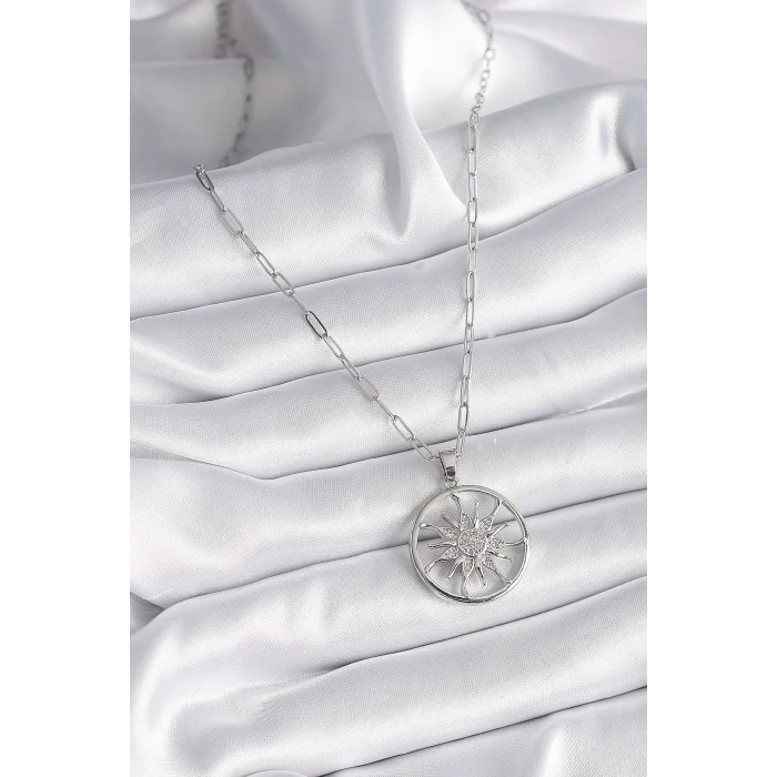 316L Çelik Gümüş Renk Zirkon Taşlı Güneş Madalyon Model Kadın Kolye