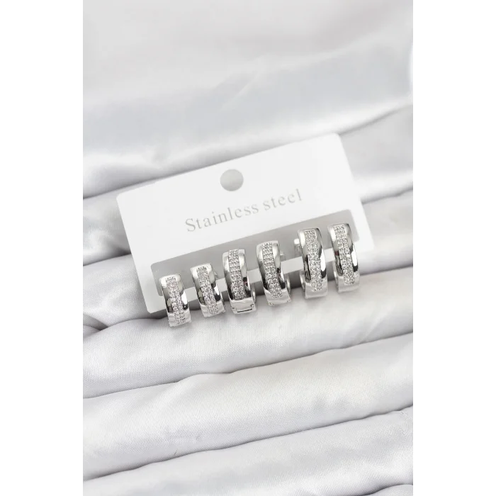 316L Çelik Gümüş Renk Zirkon Taşlı Halka Küpe Seti