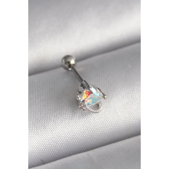 316L Çelik Gümüş Renk Zirkon Taşlı Kalp Tragus Piercing