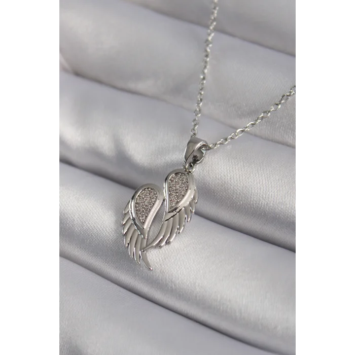 316L Çelik Gümüş Renk Zirkon Taşlı Kanat Model Kadın Kolye
