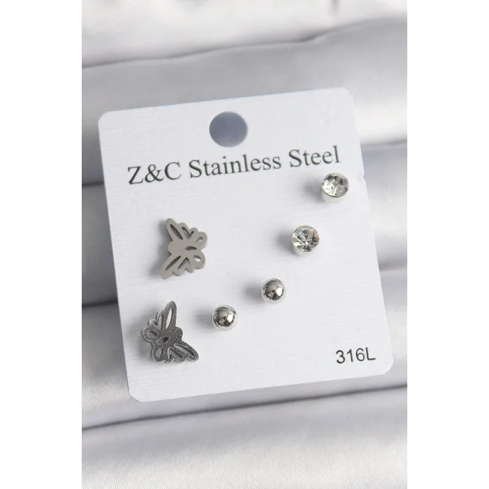 316L Çelik Gümüş Renk Zirkon Taşlı Kelebek Model Kadın Küpe Seti