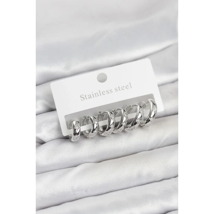 316L Çelik Gümüş Renk Zirkon Taşlı Kutup Yıldızı Model Halka Küpe Seti