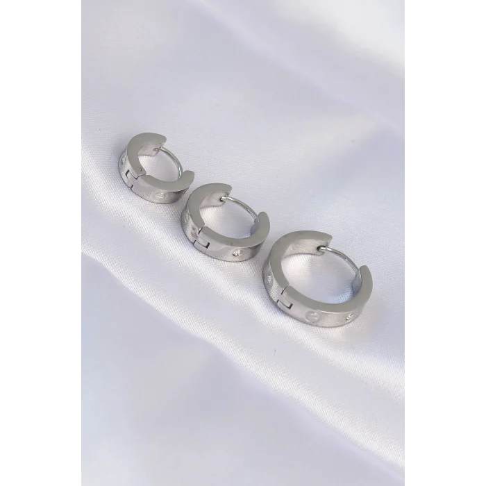 316L Çelik Gümüş Renk Zirkon Taşlı Model 3lü Halka Küpe