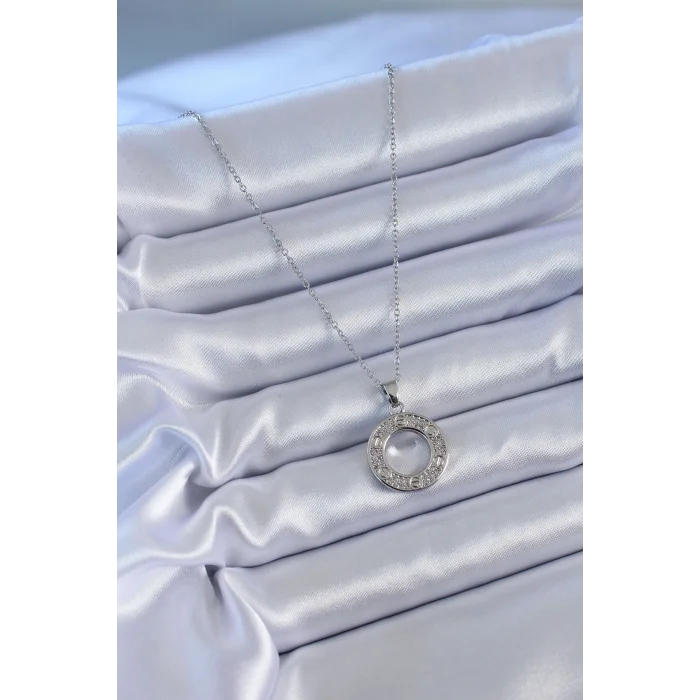 316L Çelik Gümüş Renk Zirkon Taşlı Model Kadın Kolye