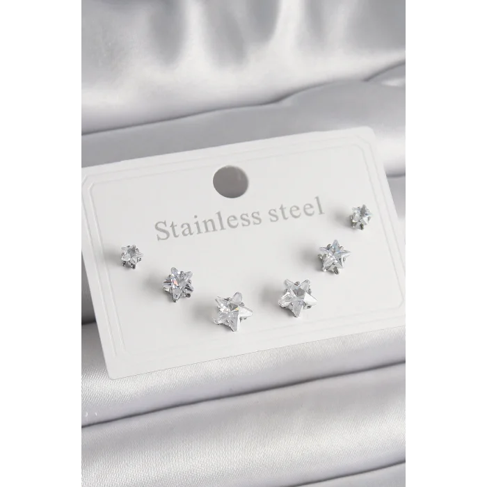 316L Çelik Gümüş Renk Zirkon Taşlı Yıldız Model Kadın Küpe Seti