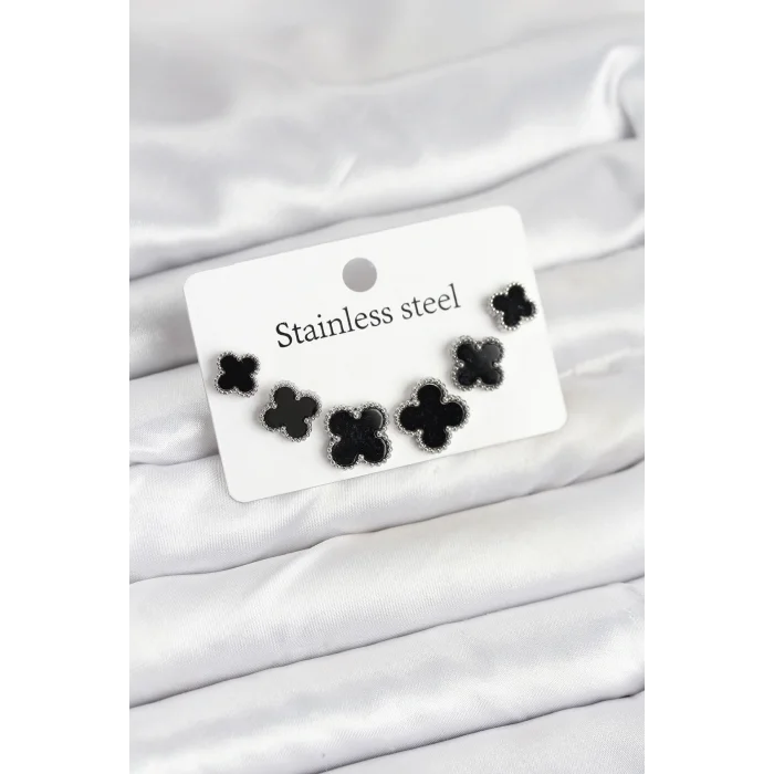 316L Çelik Gümüş Siyah Renk 3 Boy Yonca Küpe Seti