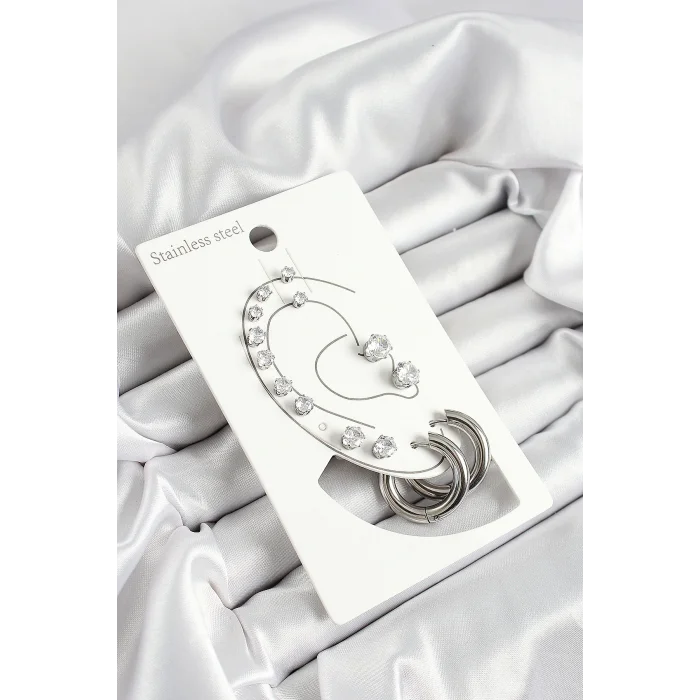 316L Çelik Halka Figürlü Ve Zirkon Taşlı Gümüş Renk 7li Çift Kadın Küpe Set