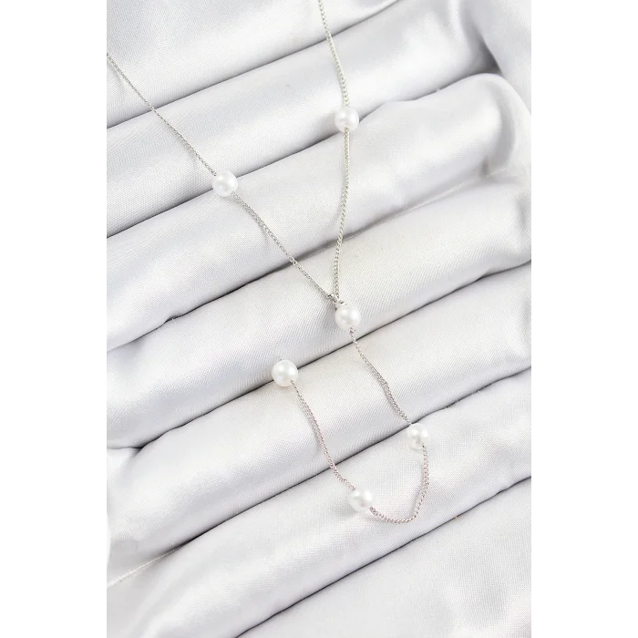 Pirinç İnci Figürlü Y Model Gümüş Renk Kadın Kolye