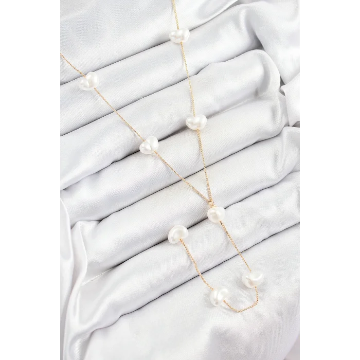 Pirinç İncili Kalp Figürlü Y Model Gold Renk Kadın Kolye