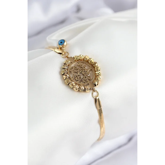 316L Çelik Nazar Boncuk Detaylı Hayat Ağacı Model İtalyan Zincir Gold Renk Kadın Bileklik