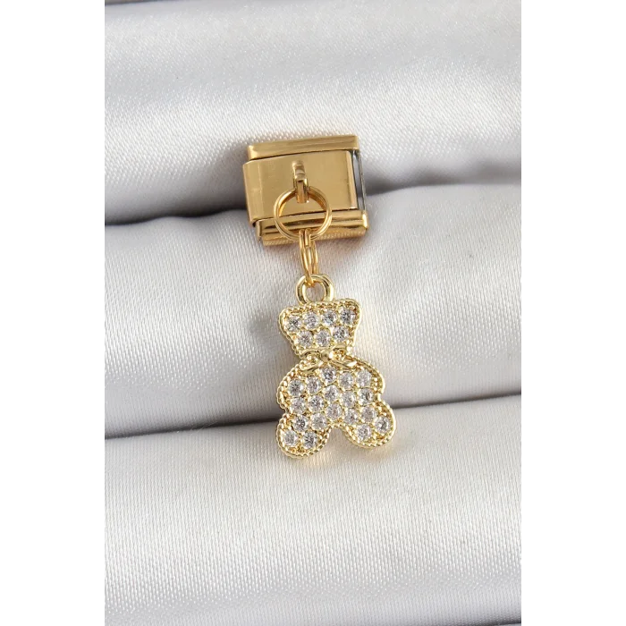 316L Çelik Sallantılı Zirkon Taşlı Ayıcık Model Gold Renk Nomination Charm