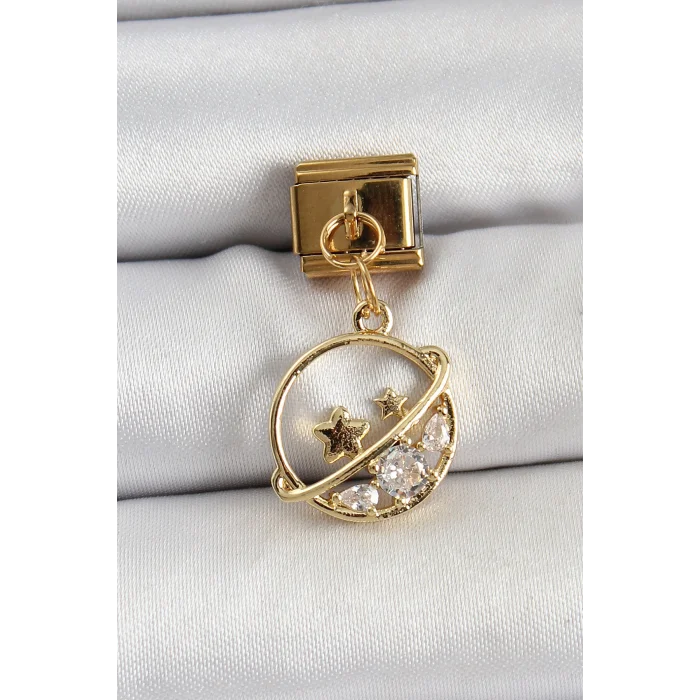 316L Çelik Sallantılı Zirkon Taşlı Satürn Model Gold Renk Nomination Charm