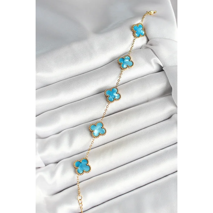 316L Çelik Sedefli Gökyüzü Mavisi Gold Renk Yonca Kadın Bileklik