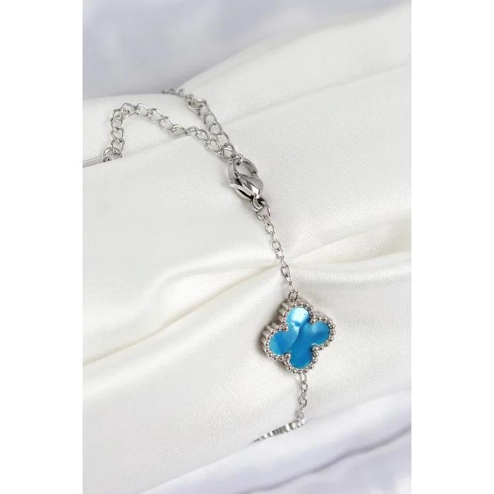 316L Çelik Sedefli Gökyüzü Mavisi Gümüş Renk Yonca Kadın Bileklik