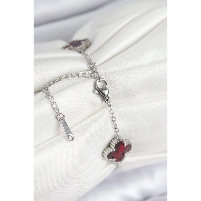 316L Çelik Sedefli Kırmızı Gümüş Renk Yonca Kadın Bileklik