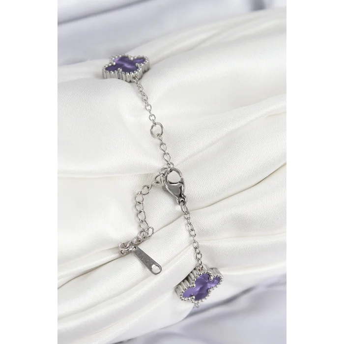 316L Çelik Sedefli Mor Gümüş Renk Yonca Kadın Bileklik