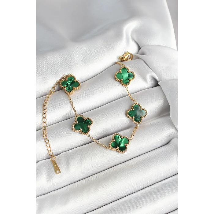 316L Çelik Sedefli Zümrüt Yeşil Gold Renk Yonca Kadın Bileklik