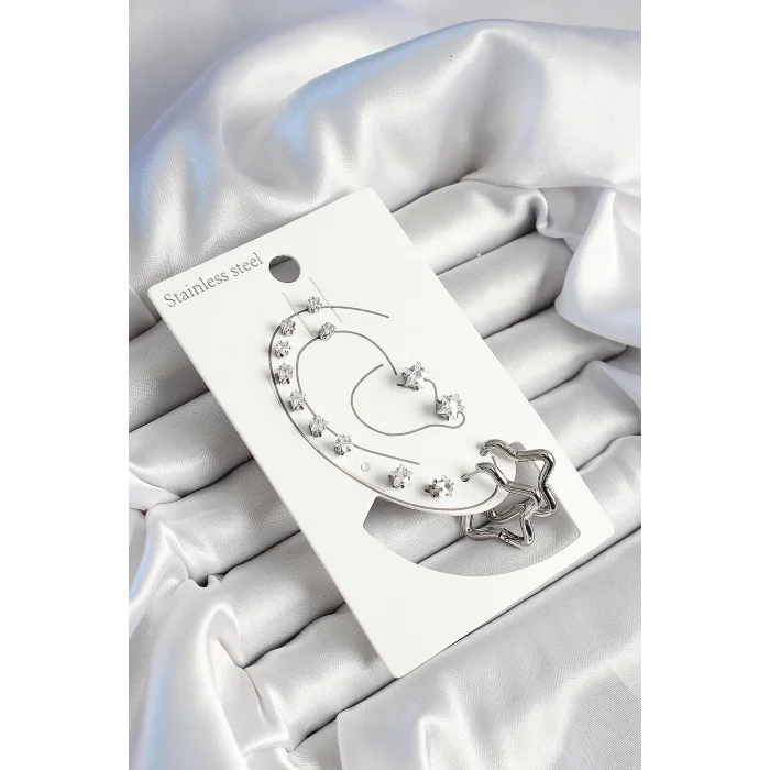 316L Çelik Yıldız Figürlü Ve Zirkon Taşlı Gümüş Renk 7li Çift Kadın Küpe Set