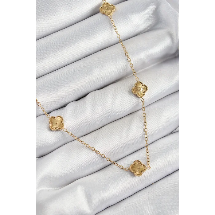 316L Çelik Yonca Model Gold Renk Kadın Kolye