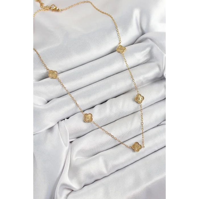 316L Çelik Yonca Model Gold Renk Kadın Kolye