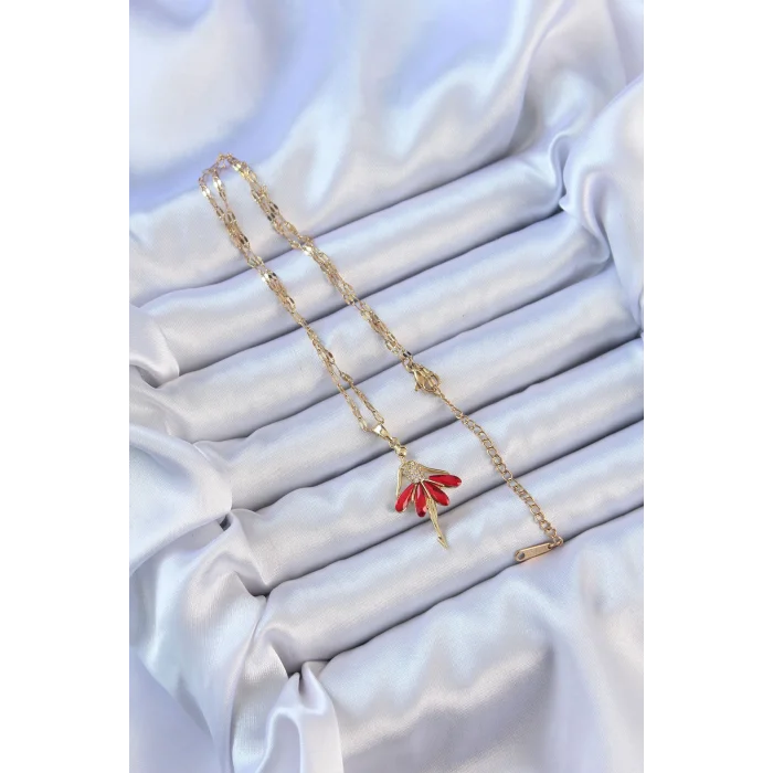 316L Çelik Zincir Altın Renk Kırmızı Etekli Zirkon Taşlı Balerin Kolye