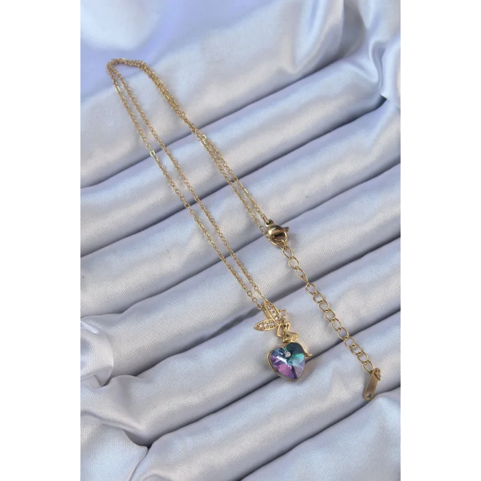 316L Çelik Zincir Altın Renk Mor Mavi Renk Zirkon Taşlı Kalp Detay Peri Kolye