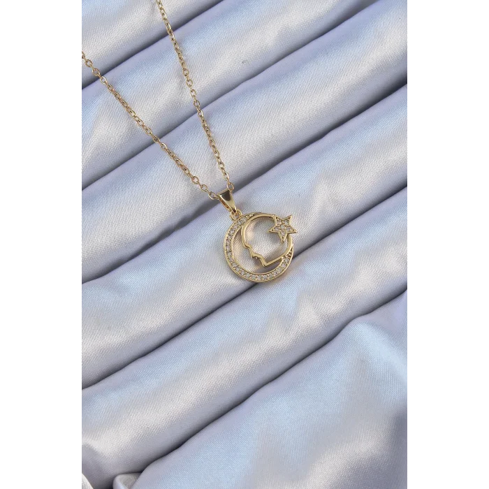 316L Çelik Zincir Altın Renk Zirkon Taşlı Ay Yıldız Simgeli Atatürk Kolye