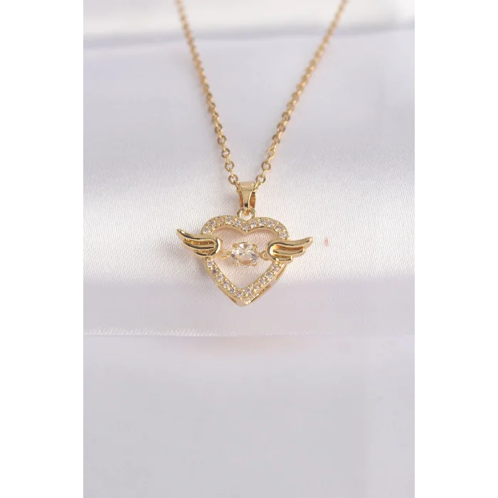 316L Çelik Zincir Altın Renk Zirkon Taşlı Kanatlı Kalp Kolye