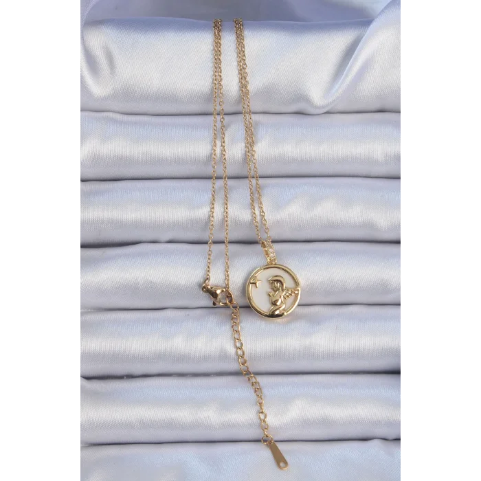 316L Çelik Zincir Altın Renk Zirkon Taşlı Mineli Melek Kolye