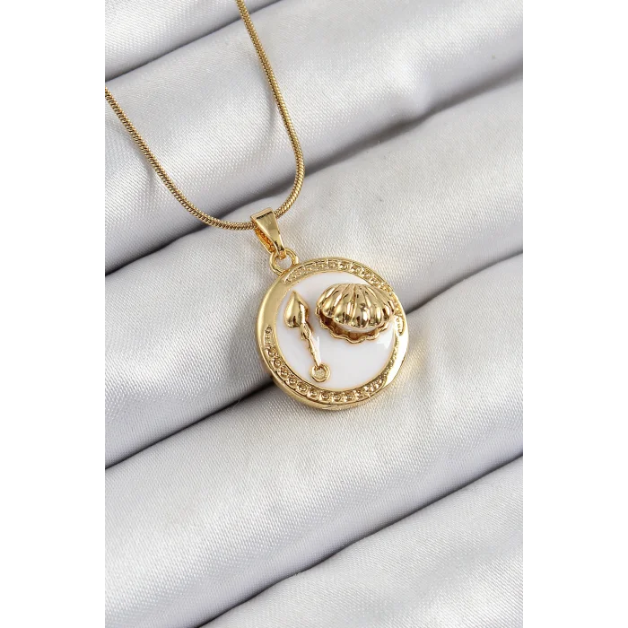 316L Çelik Zincir Beyaz Mineli Sanatsal Portre İstiridye Model Gold Renk Kadın Kolye