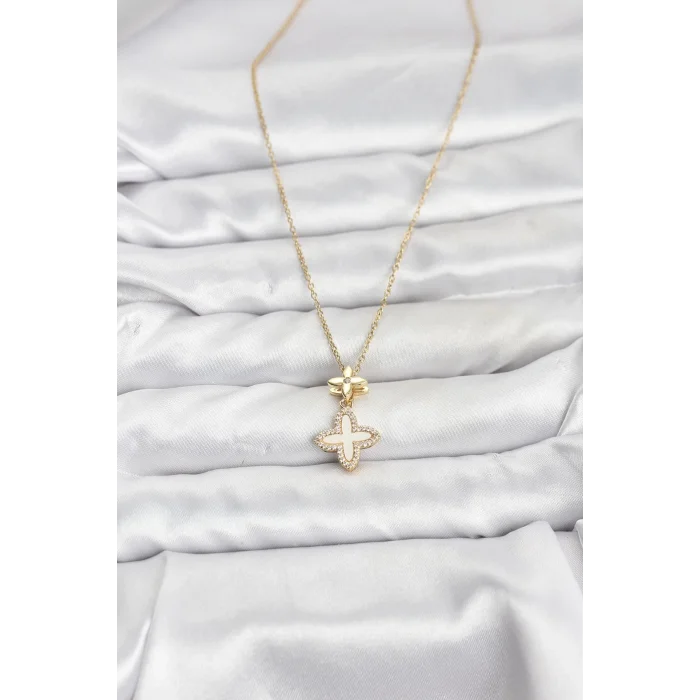 316L Çelik Zincir Gold Renk 4 Yapraklı Yonca Model Zirkon Taşlı Kadın Kolye