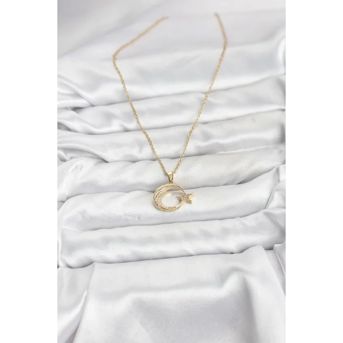 316L Çelik Zincir Gold Renk Ay Yıldız Model Zirkon Taşlı Kadın Kolye