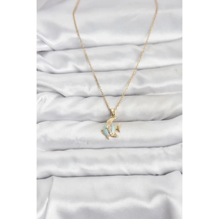 316L Çelik Zincir Gold Renk Balık Model Zirkon Taşlı Kadın Kolye