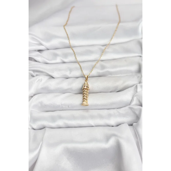 316L Çelik Zincir Gold Renk Balık Model Zirkon Taşlı Kadın Kolye