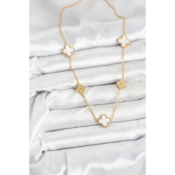 316L Çelik Zincir Gold Renk Beyaz ve Zirkon Taşlı Yonca Kadın Kolye