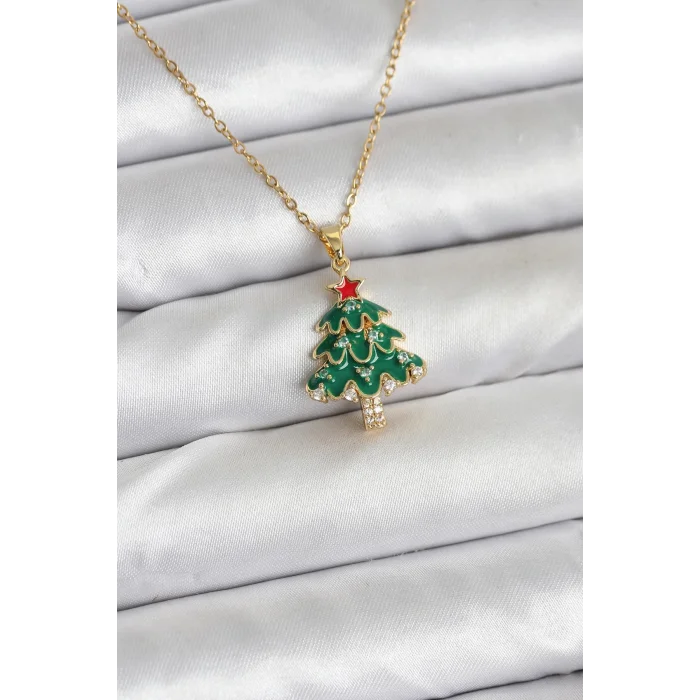 316L Çelik Zincir Gold Renk Çam Ağacı Model Yılbaşı Temalı Kadın Kolye