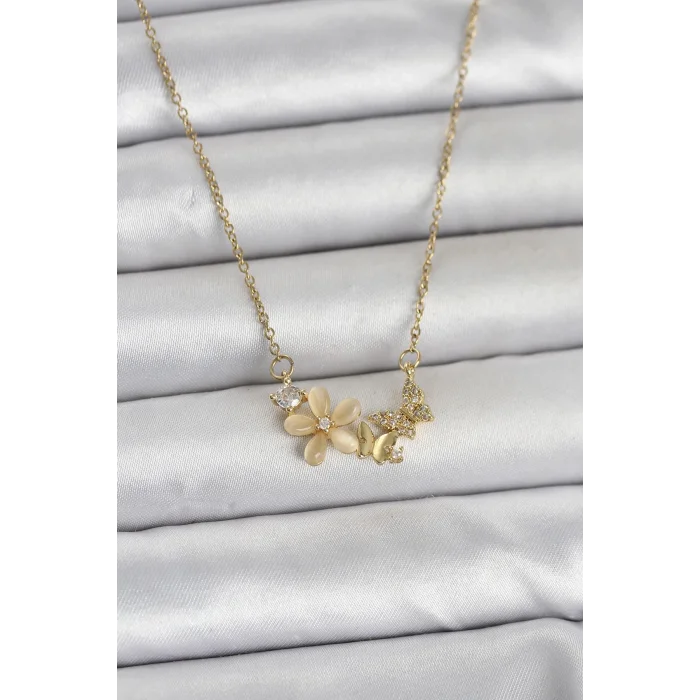 316L Çelik Zincir Gold Renk Çiçek ve Kelebek Model Kadın Kolye