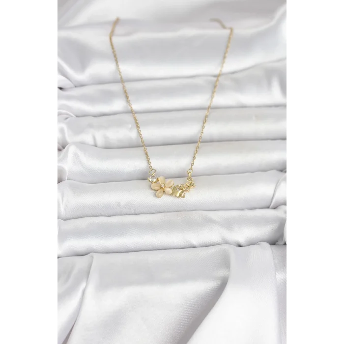 316L Çelik Zincir Gold Renk Çiçek ve Kelebek Model Kadın Kolye