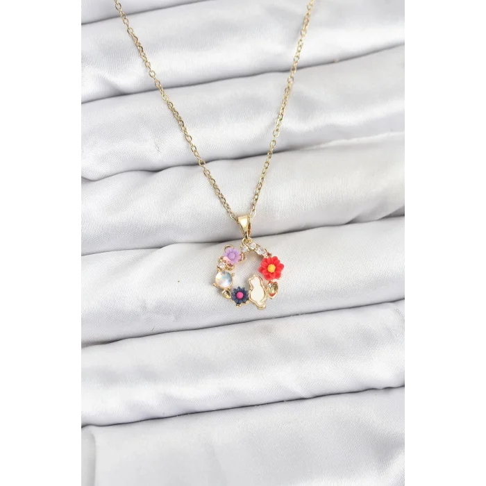 316L Çelik Zincir Gold Renk Çiçekli Kedili Model Kadın Kolye