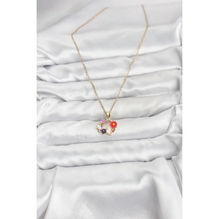 316L Çelik Zincir Gold Renk Çiçekli Kedili Model Kadın Kolye