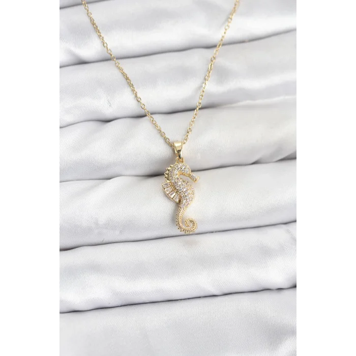 316L Çelik Zincir Gold Renk Deniz Atı Model Zirkon Taşlı Kadın Kolye