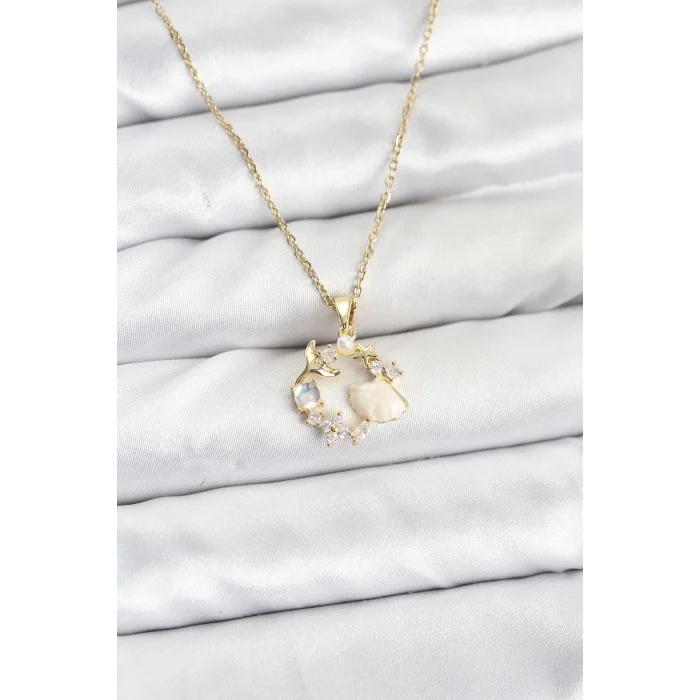 316L Çelik Zincir Gold Renk Deniz Tema Model Zirkon Taşlı Kadın Kolye