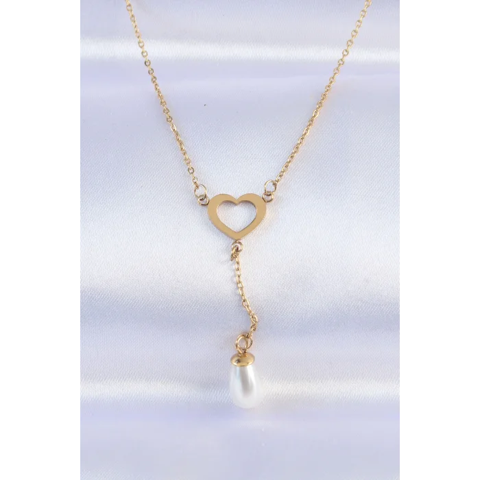 316L Çelik Zincir Gold Renk İnci Taş Detay Kalp Kolye