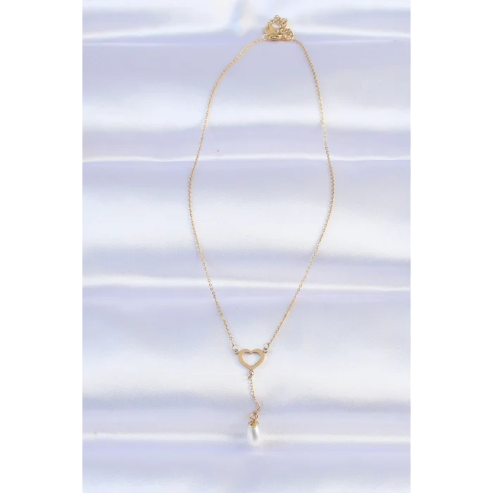 316L Çelik Zincir Gold Renk İnci Taş Detay Kalp Kolye