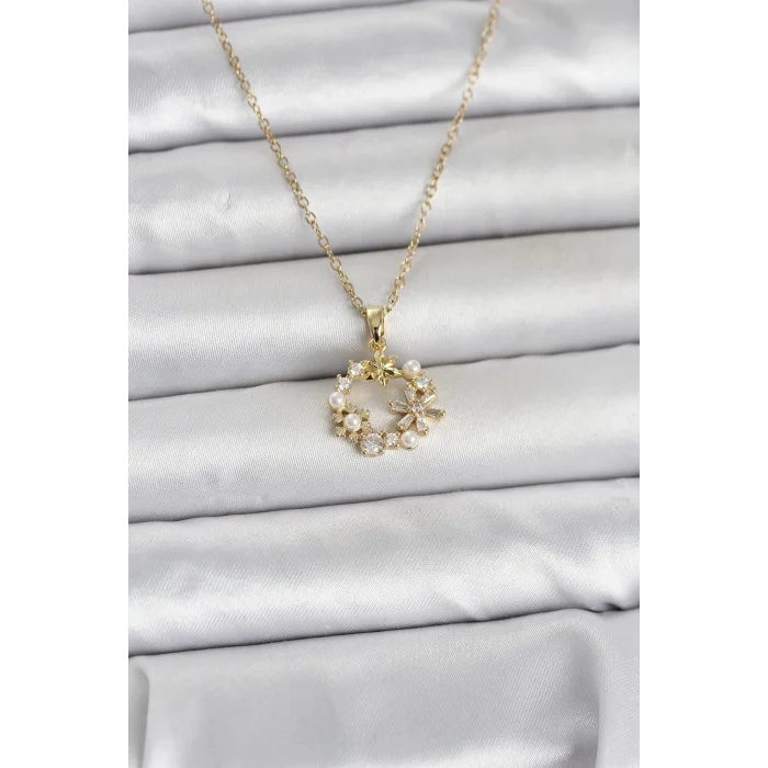 316L Çelik Zincir Gold Renk İncili Çiçek Model Kadın Koyle